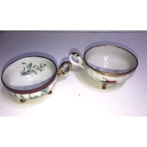 2Royal Sealy Double wedding ring gold handle teacup  footed w FLural lusterware